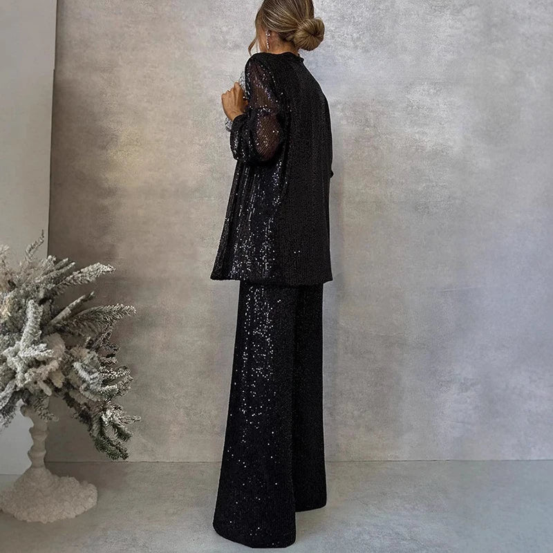Two-Piece Set with Sequins and High-Waisted Pants
