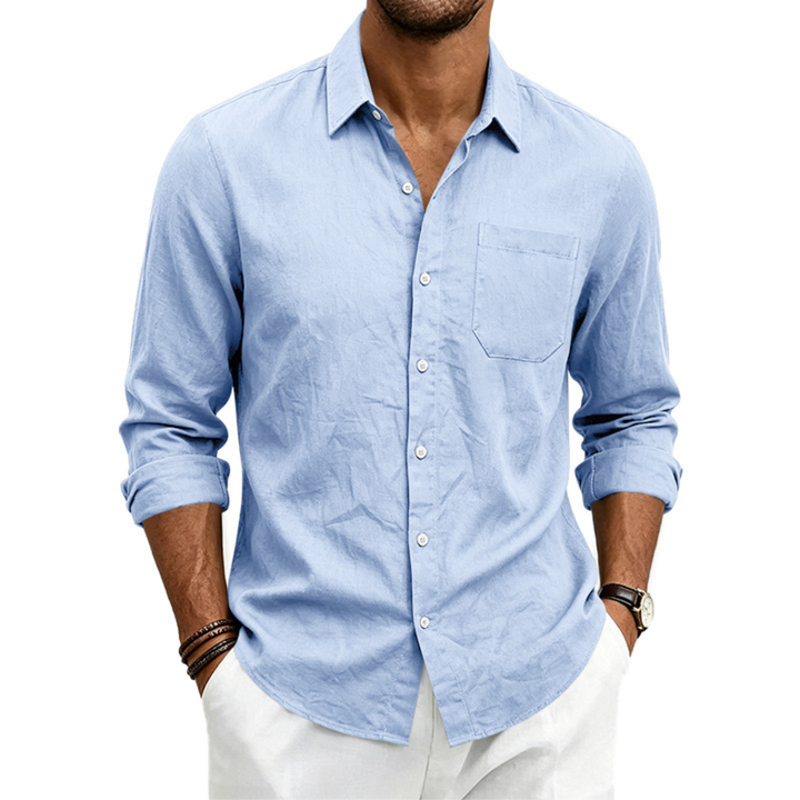 Mens Linen Loose-fit Lapel Long-sleeve Shirt