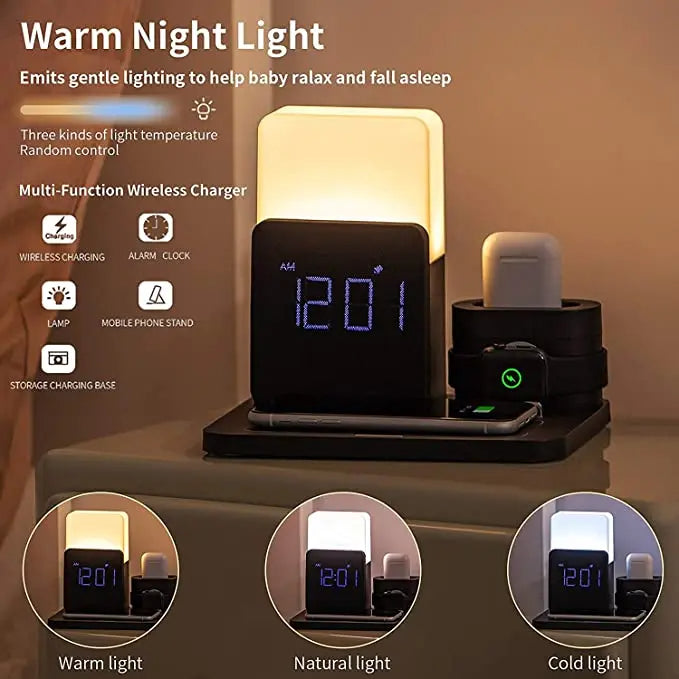 Multi-Function Wireless Charging Station – Includes Lamp and Alarm Clock