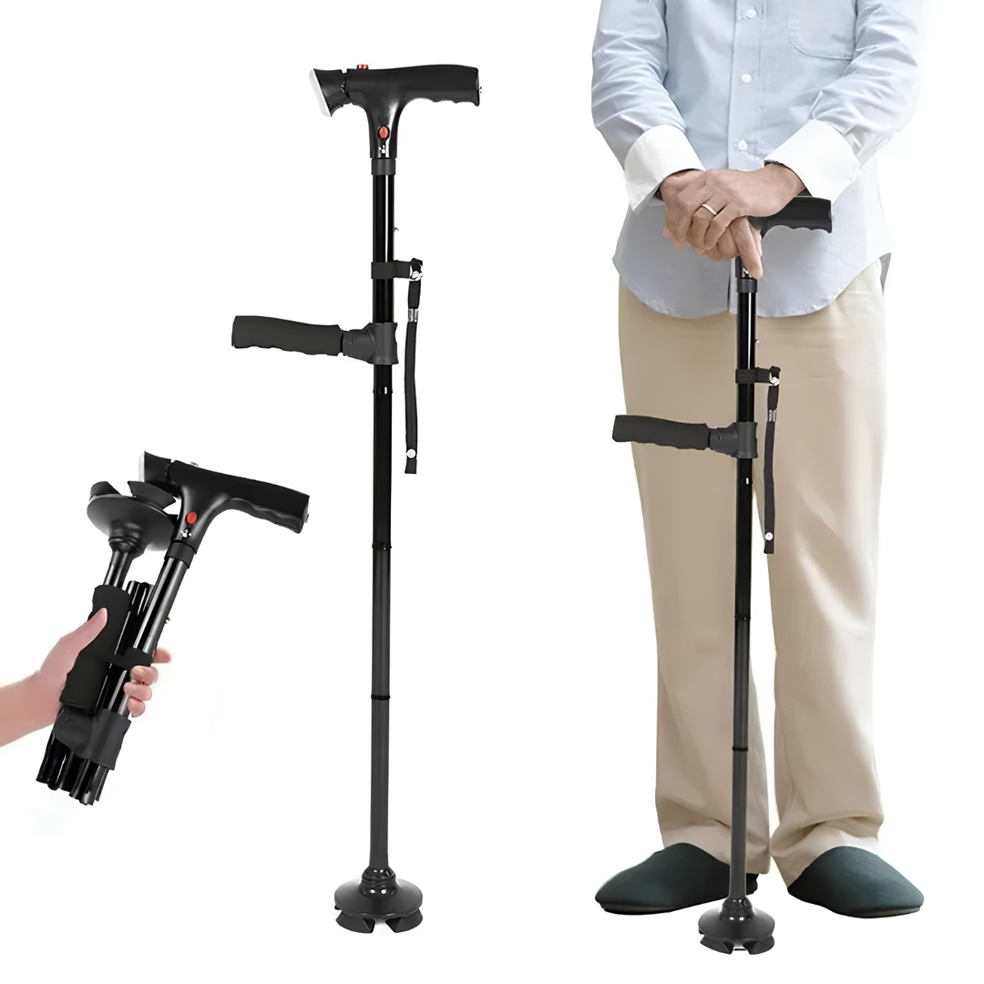 Foldable cane with dual handles, alarm, and light