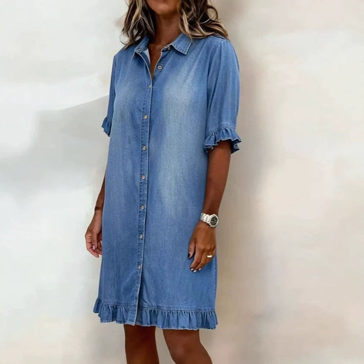 Solid-color Faux Denim Ruffled-edge Shirt Dress