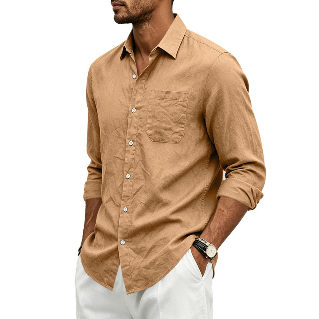 Mens Linen Loose-fit Lapel Long-sleeve Shirt