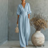 Women’s Short Sleeve V-Neck Wide Leg Jumpsuit