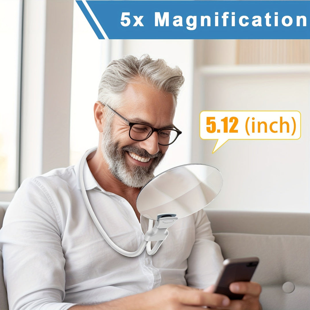 Hands-free magnifying glass with neck strap and 5X magnification
