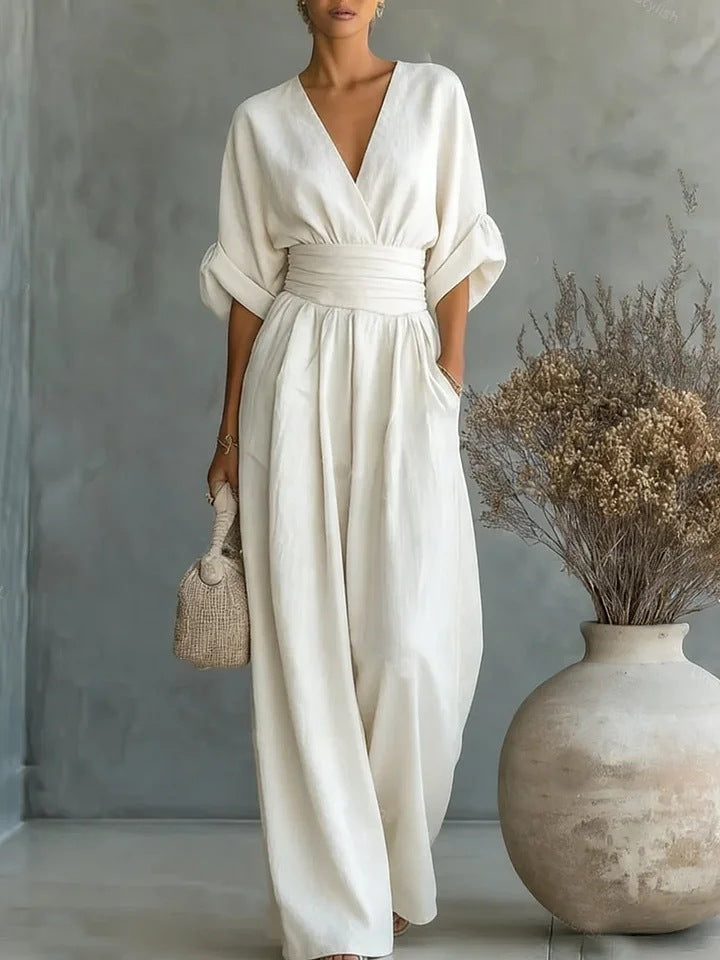 Elegant Women's Jumpsuit with V-Neck and Wide-Leg High Waist