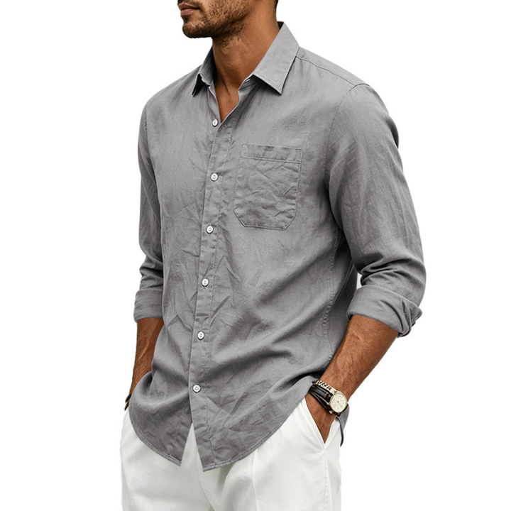 Mens Linen Loose-fit Lapel Long-sleeve Shirt