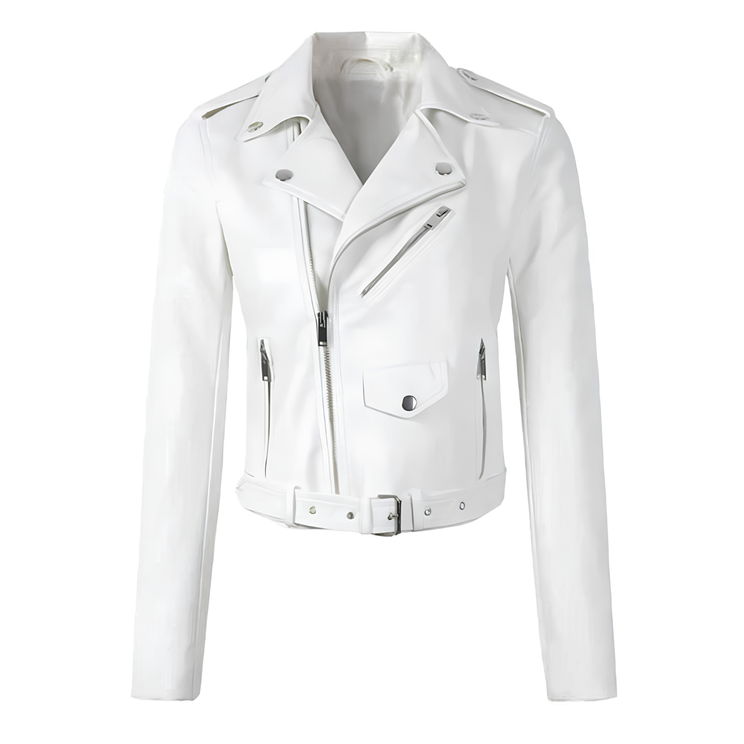 Cropped Belted Asymmetric Faux Leather Jacket