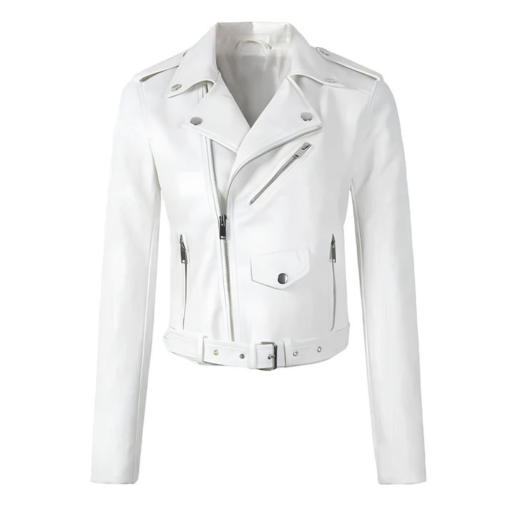 Cropped Belted Asymmetric Faux Leather Jacket