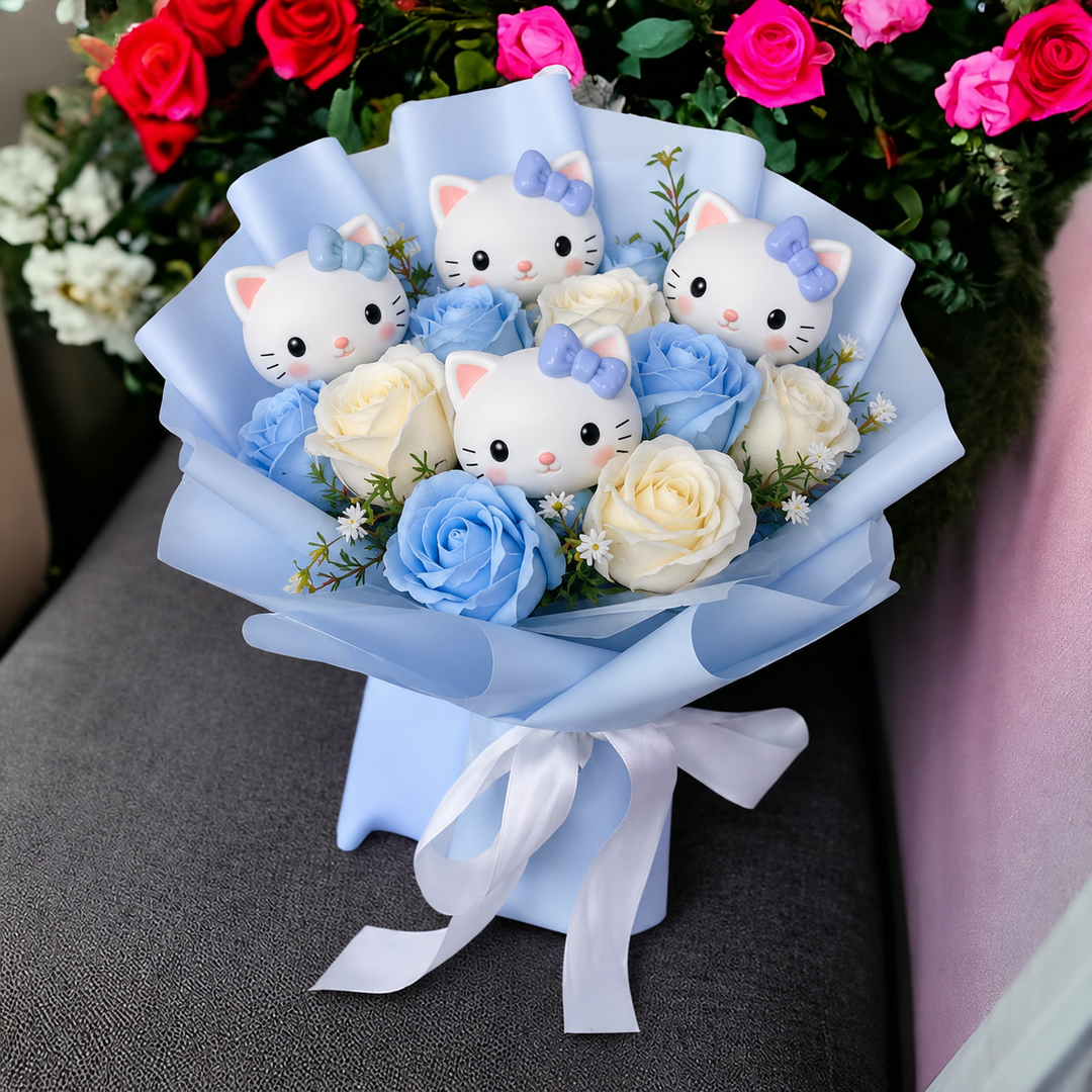 Colourful Synthetic Flower Bouquet With Kitty Figurines For Gifts And Decoration