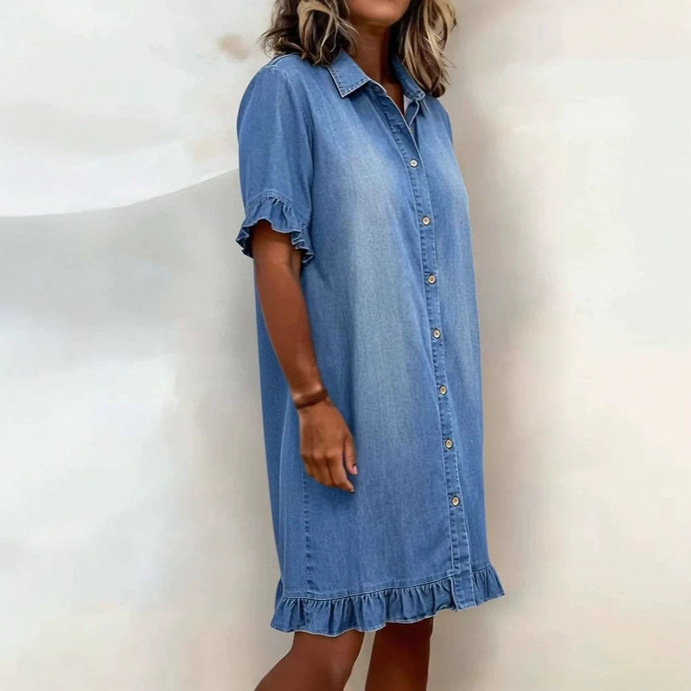 Solid-color Faux Denim Ruffled-edge Shirt Dress