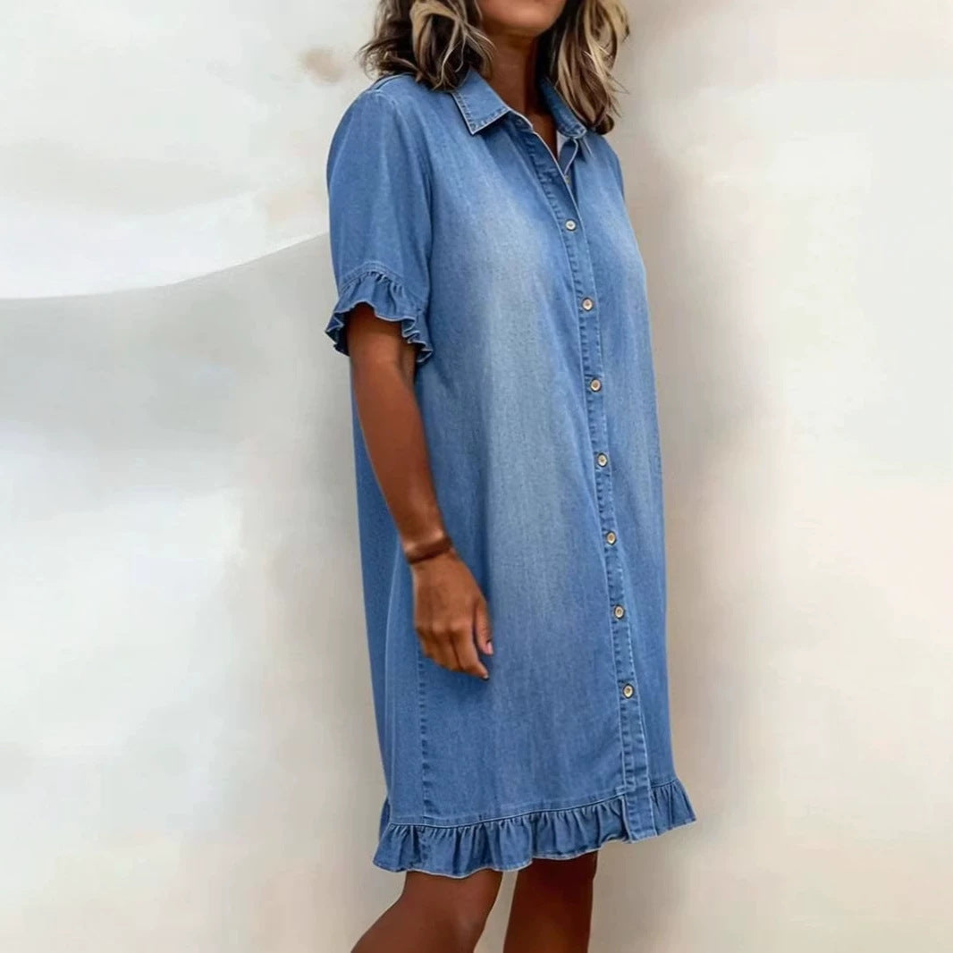 Solid-color Faux Denim Ruffled-edge Shirt Dress