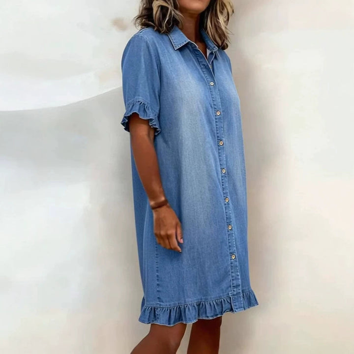 Solid-color Faux Denim Ruffled-edge Shirt Dress