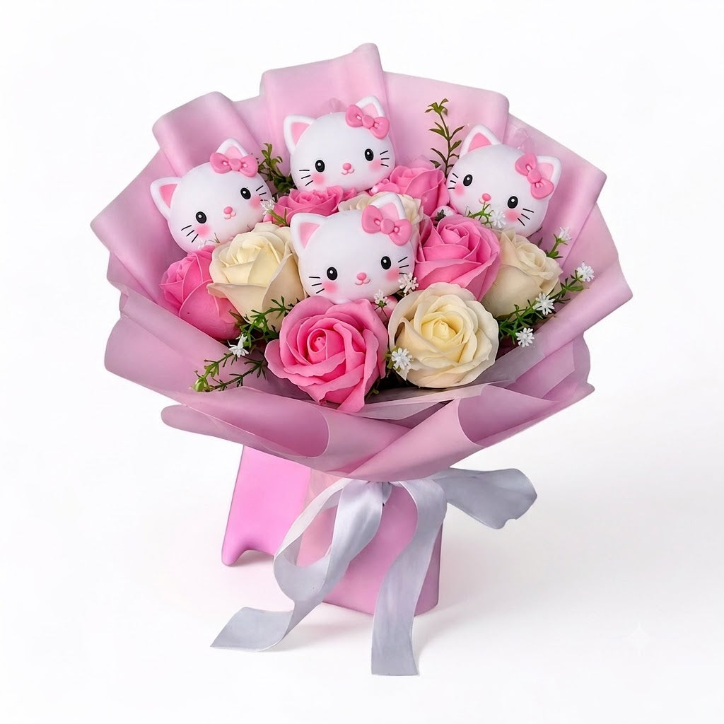 Colourful Synthetic Flower Bouquet With Kitty Figurines For Gifts And Decoration