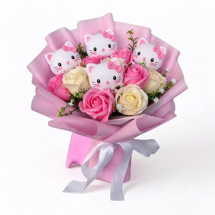 Colourful Synthetic Flower Bouquet With Kitty Figurines For Gifts And Decoration