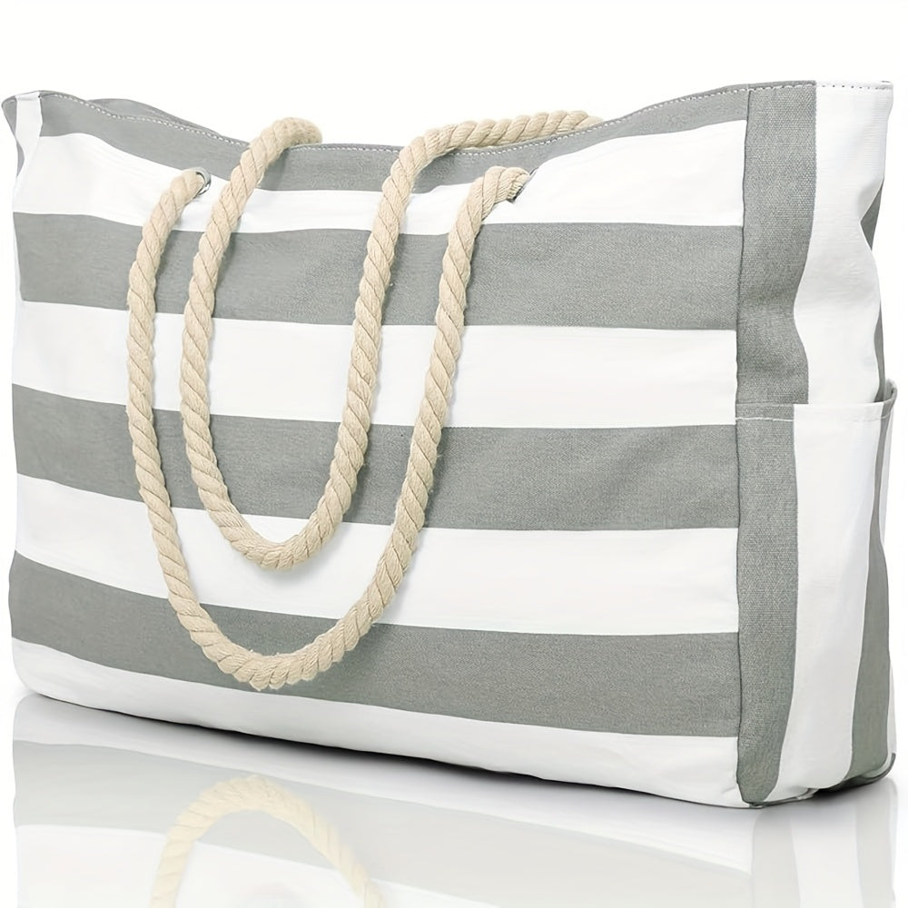 Gestreifte Strandtasche mit großer Kapazität – Robustes Polyester mit Reißverschluss