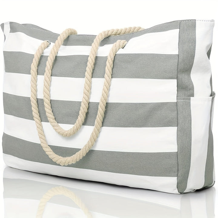 Gestreifte Strandtasche mit großer Kapazität – Robustes Polyester mit Reißverschluss