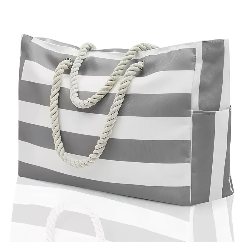 Gestreifte Strandtasche mit großer Kapazität – Robustes Polyester mit Reißverschluss
