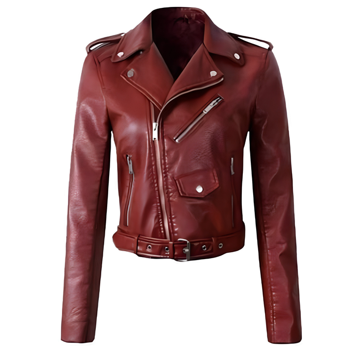 Cropped Belted Asymmetric Faux Leather Jacket