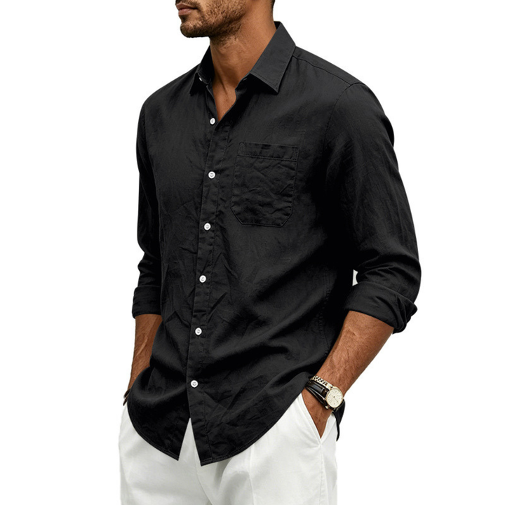 Mens Linen Loose-fit Lapel Long-sleeve Shirt