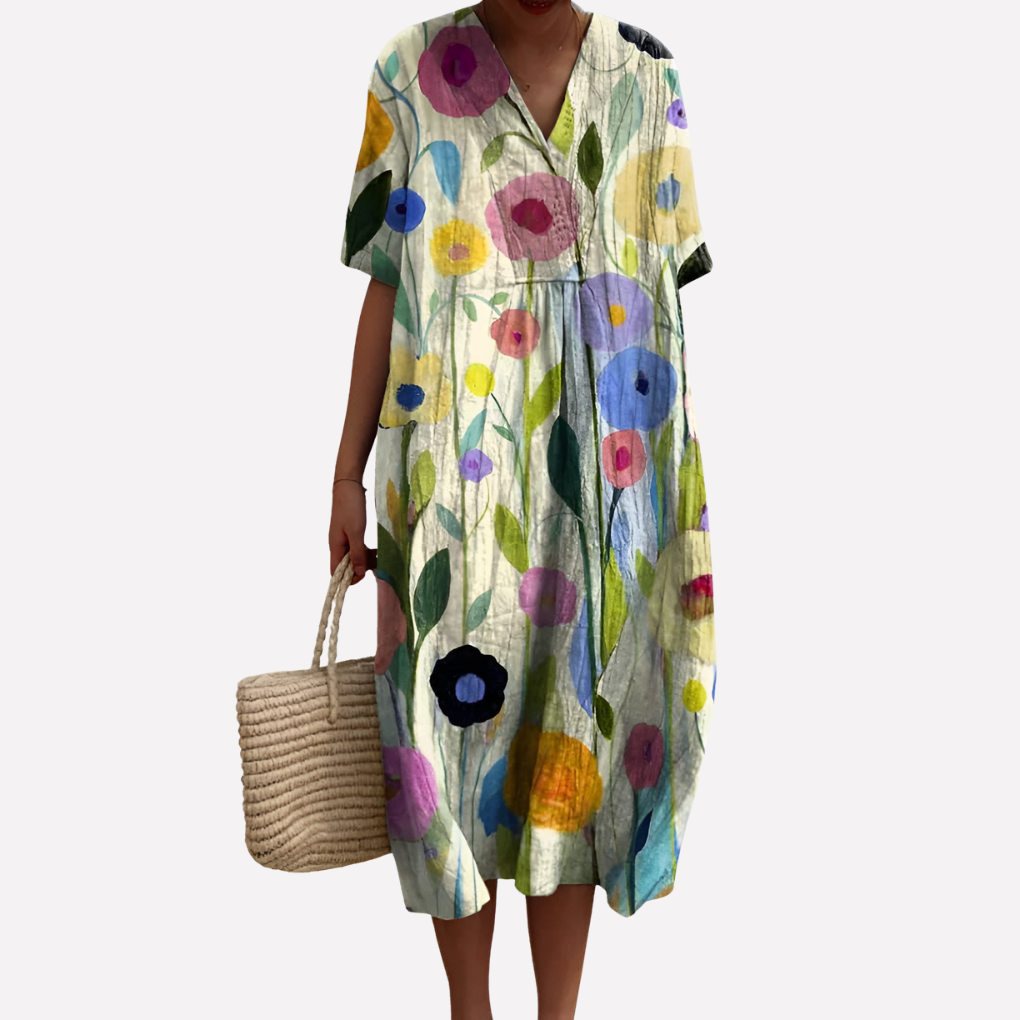 Women’s Floral Summer Dress – V-Neck &amp; Short Sleeves