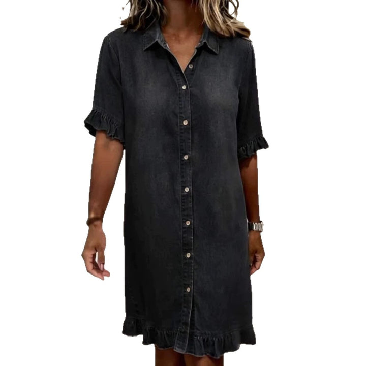 Solid-color Faux Denim Ruffled-edge Shirt Dress