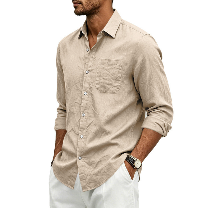 Mens Linen Loose-fit Lapel Long-sleeve Shirt