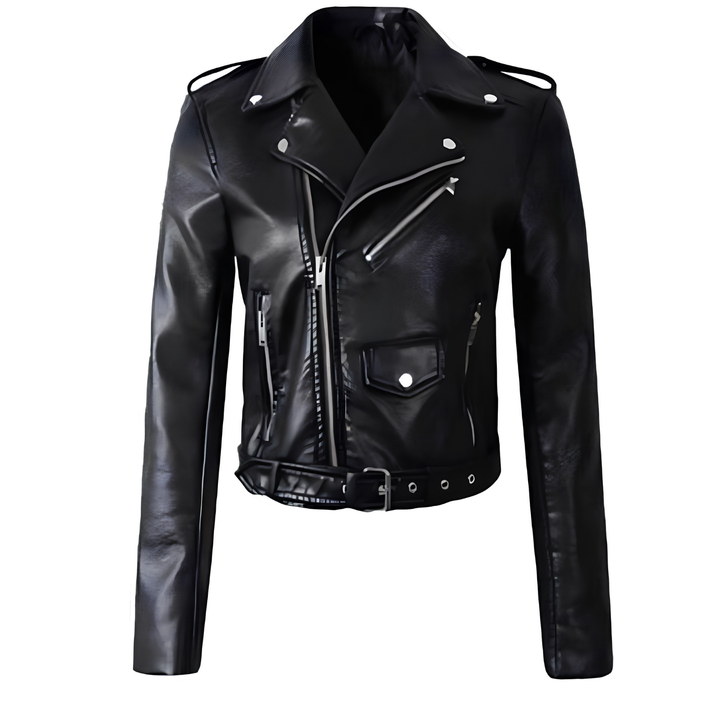 Cropped Belted Asymmetric Faux Leather Jacket