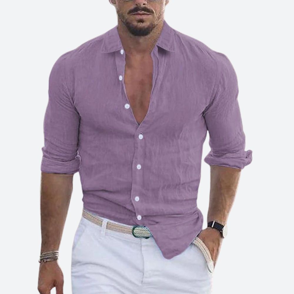 Men's slim-fit linen shirt, open collar, summer button-up shirt