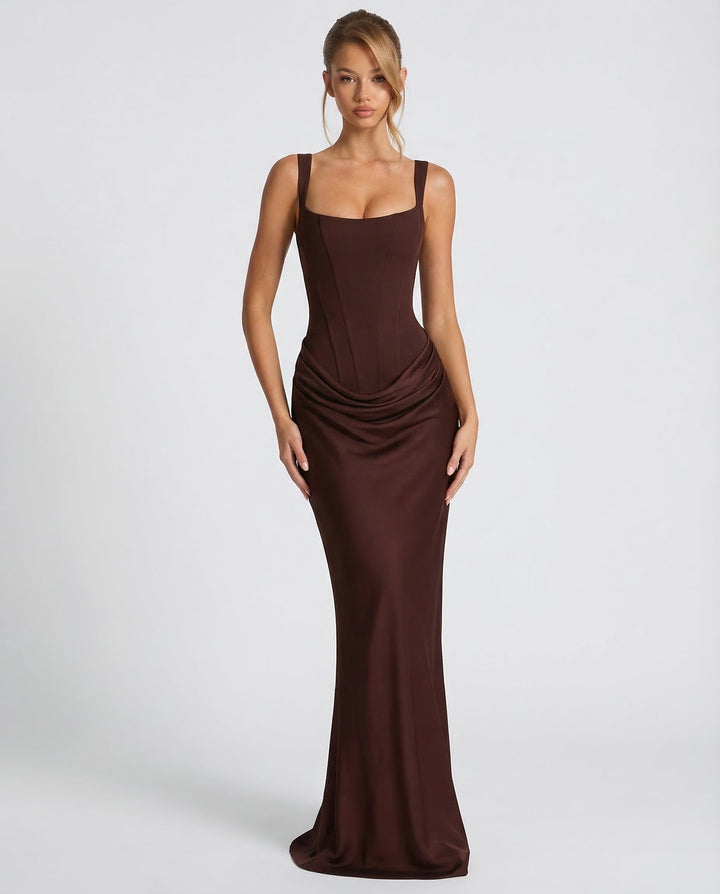 Women's Maxi Corset Dress with Draped Waist and Sculpted Silhouette