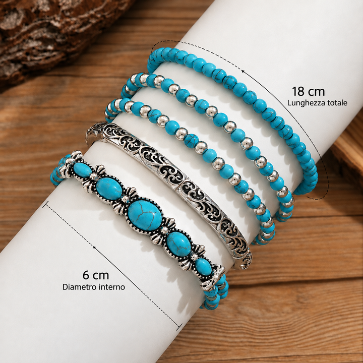 Set of 5 Bracelets with Turquoise Beads and Silver-Coloured Details.