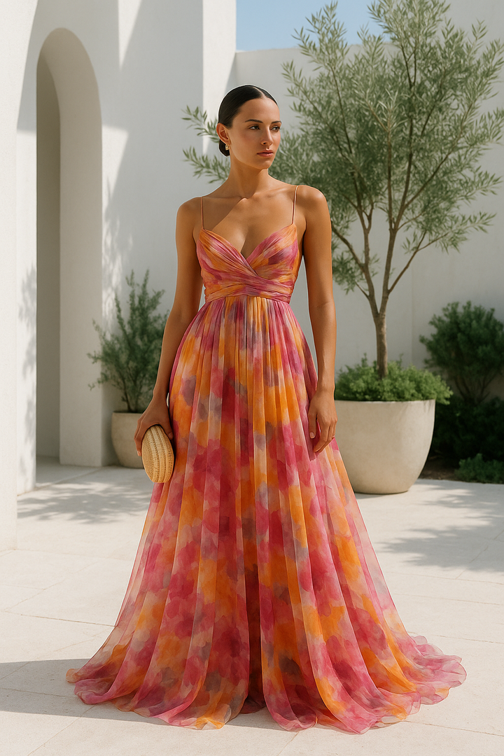 Women's maxi dress with thin straps and V-neck in a multicolour print