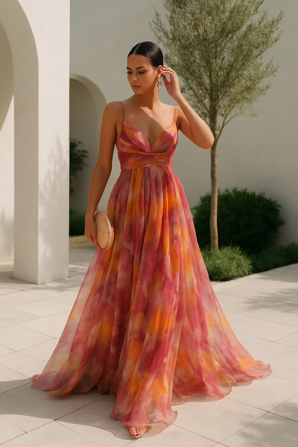 Women's maxi dress with thin straps and V-neck in a multicolour print
