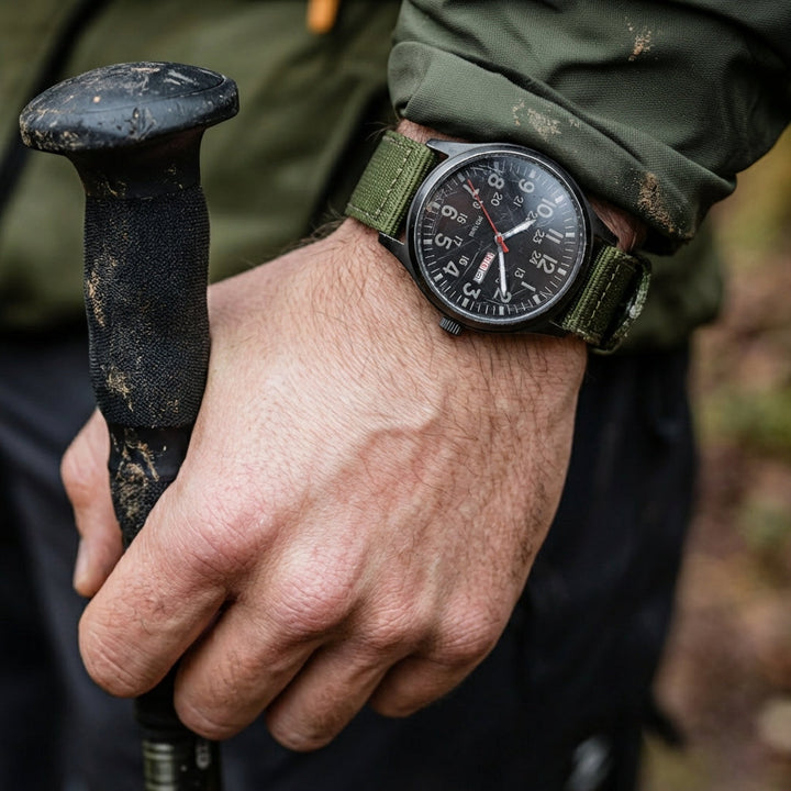 Men's Field-Style Watch with Woven Fabric Strap and Day-Date Display