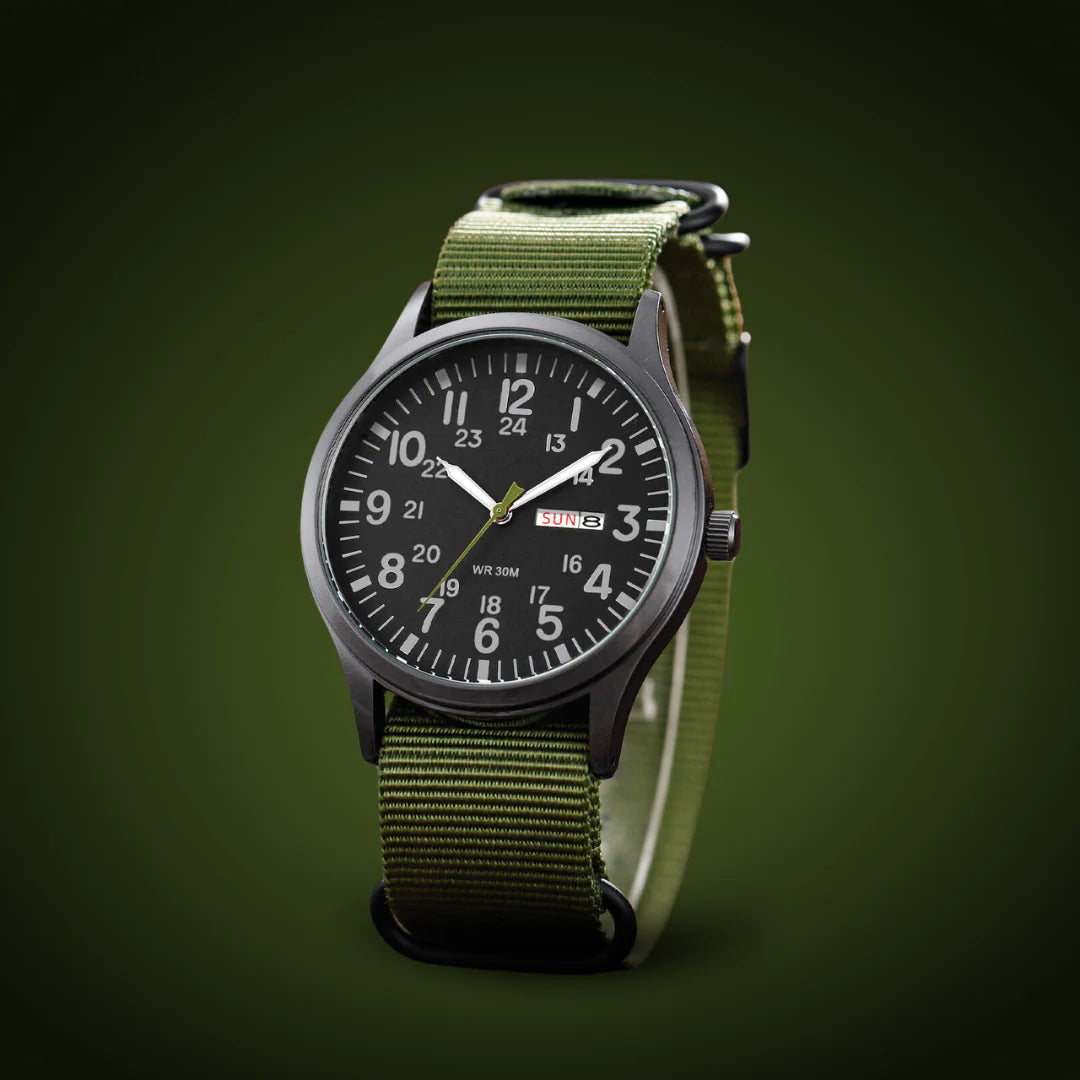 Men's Field-Style Watch with Woven Fabric Strap and Day-Date Display