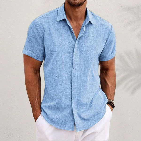 Classic Men's Short-Sleeved Shirt with Button Fastening and Spread Collar