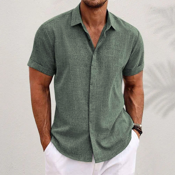 Classic Men's Short-Sleeved Shirt with Button Fastening and Spread Collar
