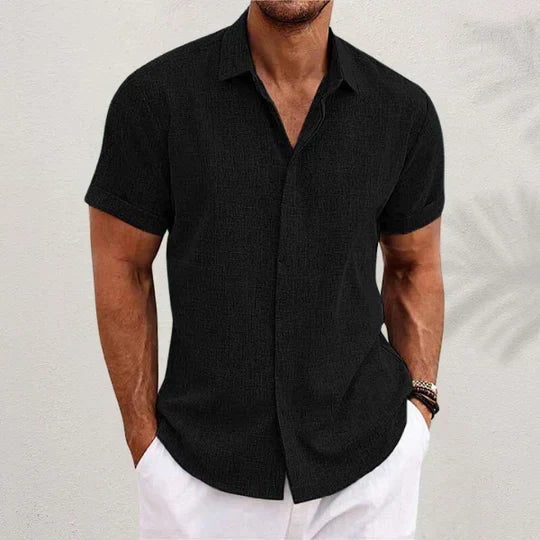 Classic Men's Short-Sleeved Shirt with Button Fastening and Spread Collar