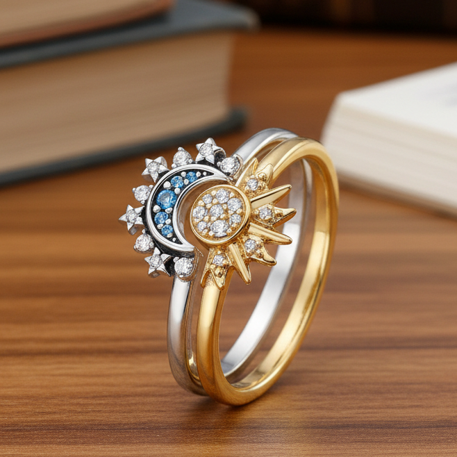 SPARKLING SILVER – Crystal Ring with Moon and Sun Design