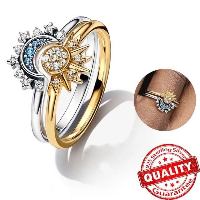 SPARKLING SILVER – Crystal Ring with Moon and Sun Design
