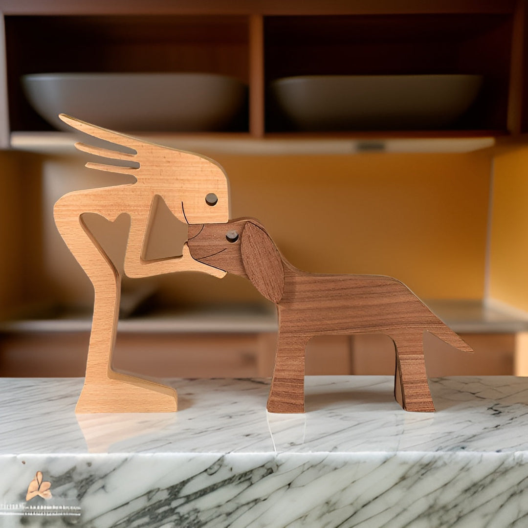 Paws of Love - Handmade Wooden Dog and Man Sculpture - Symbol of an Eternal Bond
