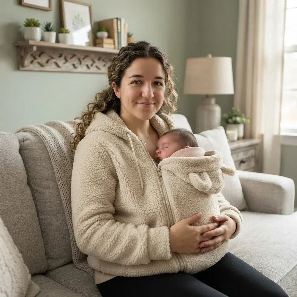 Cosy fleece baby-carrying hoodie with front pouch