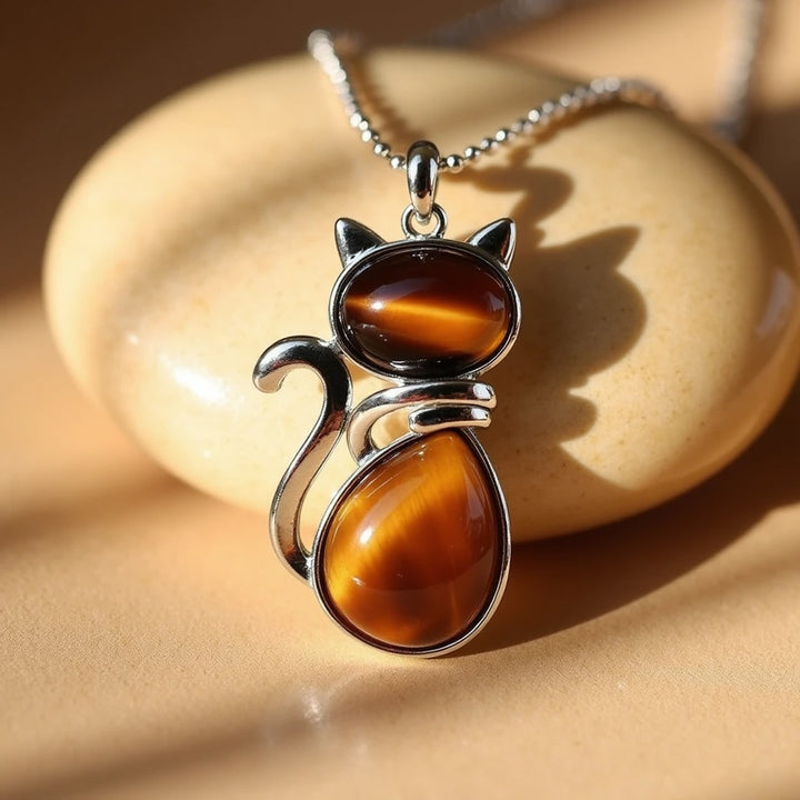 Elegant Natural Stone Necklace with Cat Pendant