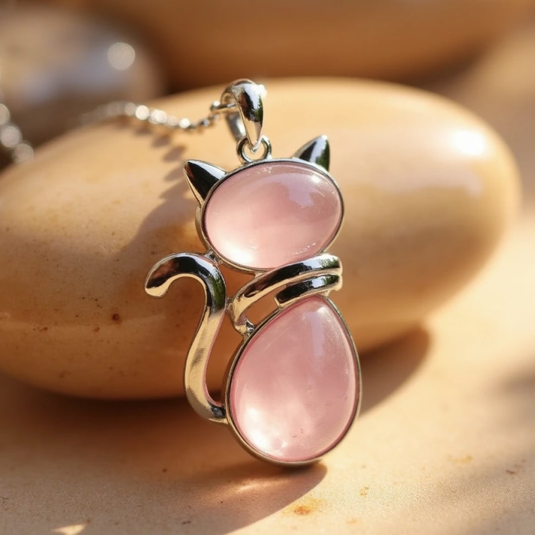 Elegant Natural Stone Necklace with Cat Pendant