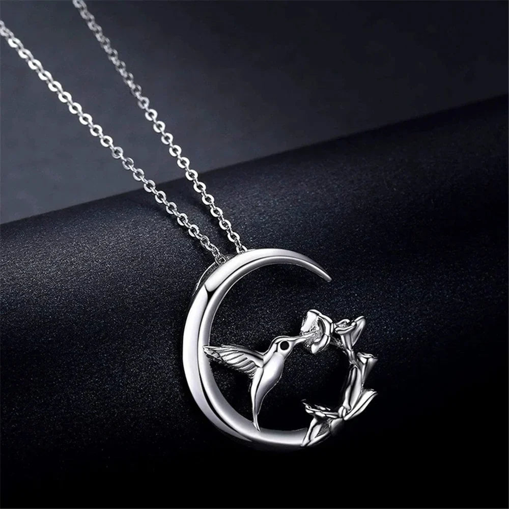 Moon Bird Vintage Silver Pendant Necklace