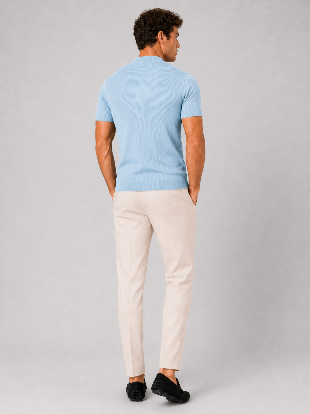 Men's ribbed T-shirt with stand-up collar – fitted stretch short-sleeved top