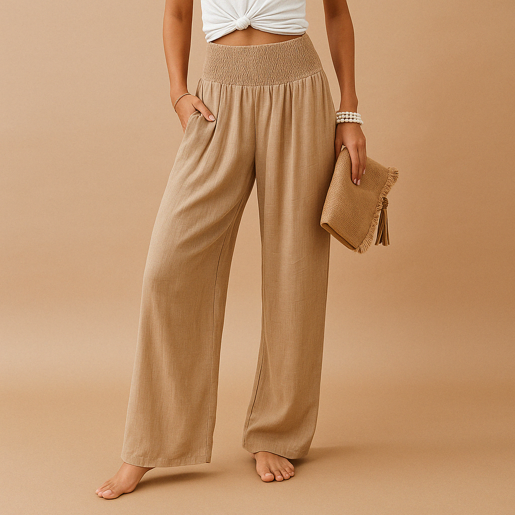 High-waist linen trousers for women with elastic waistband