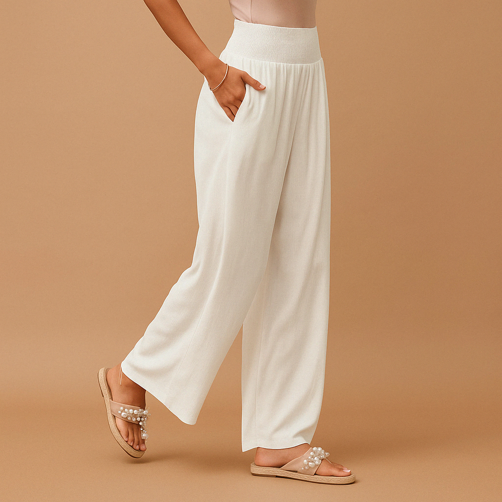 High-waist linen trousers for women with elastic waistband