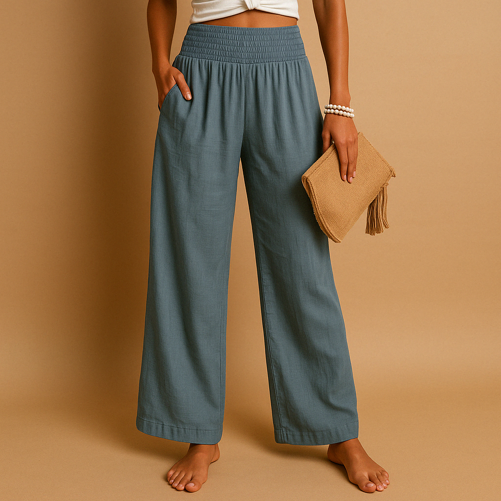 High-waist linen trousers for women with elastic waistband