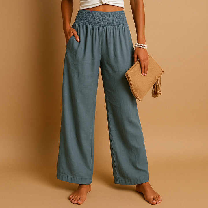High-waist linen trousers for women with elastic waistband