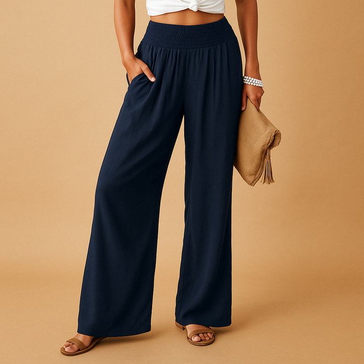 High-waist linen trousers for women with elastic waistband